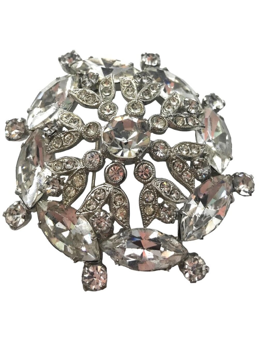 Austria Vintage Silver Tone Domed Clear Rhinestone Brooch, Signed M41